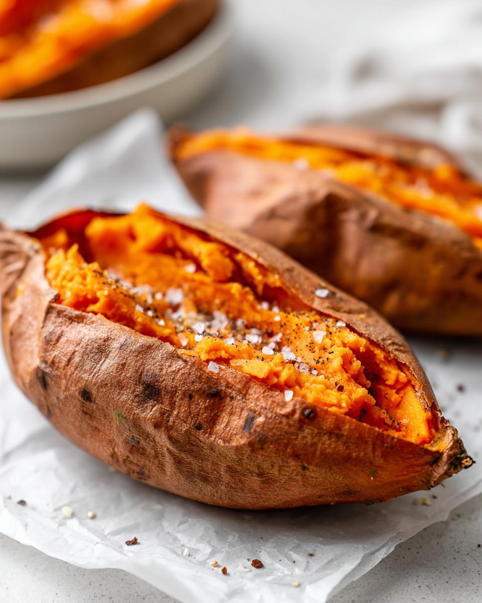 Close-up of two fluffy baked sweet potatoes split open and seasoned with coarse salt and pepper.