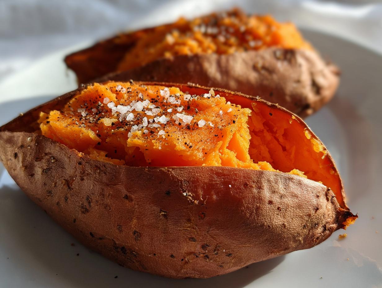 Close-up of two fluffy baked sweet potatoes split open and seasoned with coarse salt and black pepper.