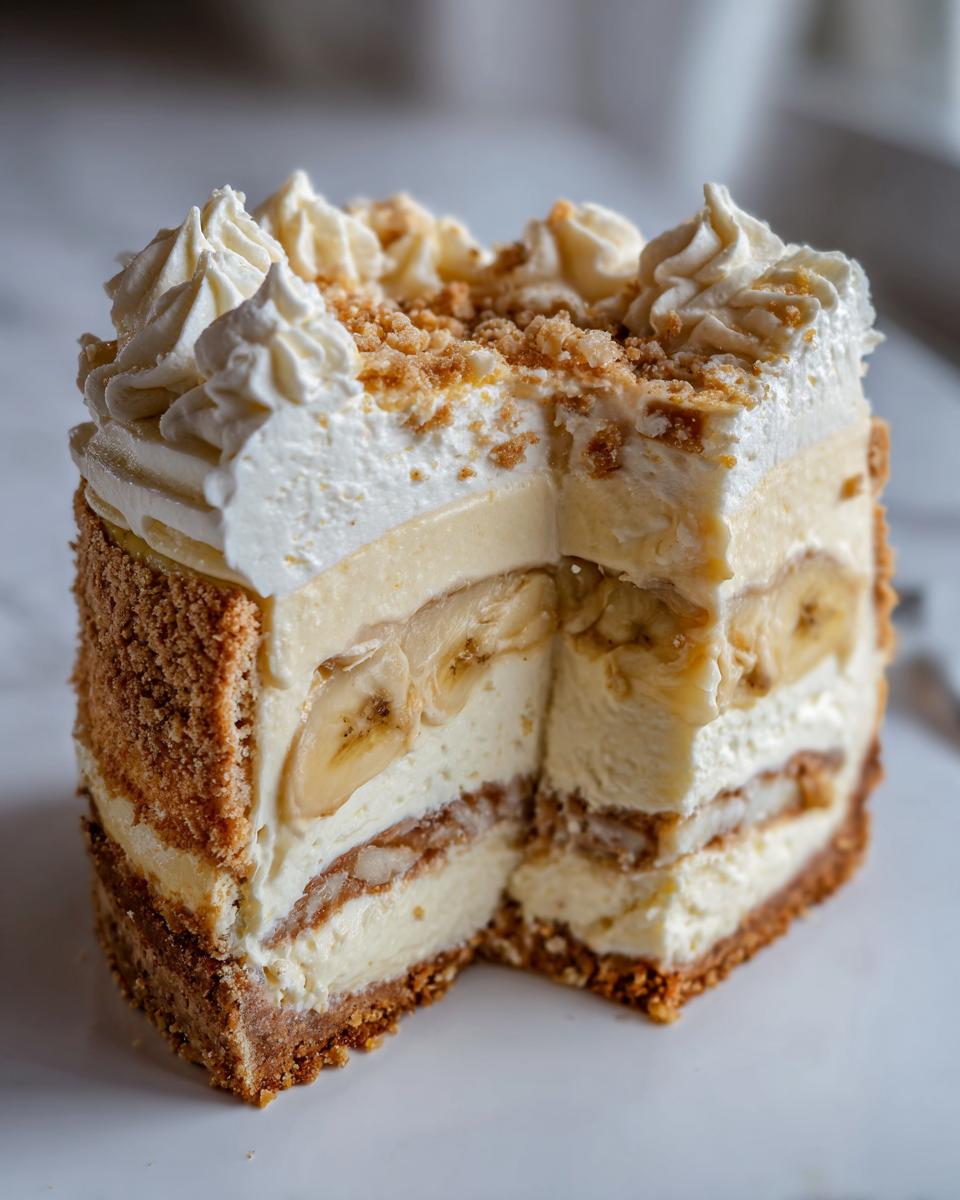 A close-up cross-section of an amazing banana cream cheesecake showing layers of crust, cream, bananas, and whipped topping.