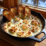 Close-up of a hot, bubbly baked cheese bread dip served in a cast iron skillet with toasted bread slices.