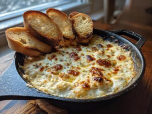 A bubbling, cheesy baked bread dip served hot in a cast iron skillet with toasted baguette slices for dipping.