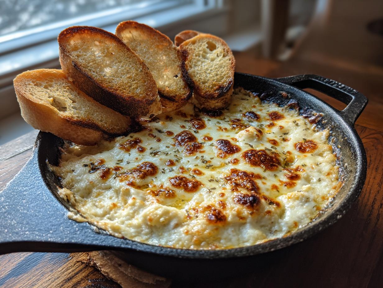 A bubbling, cheesy baked bread dip served hot in a cast iron skillet with toasted baguette slices for dipping.