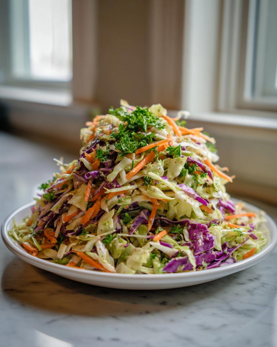 A tall mound of vibrant cabbage salad featuring shredded green and purple cabbage, carrots, and fresh parsley garnish.