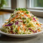 A large mound of fresh cabbage salad featuring shredded green and purple cabbage, carrots, and topped with parsley garnish.