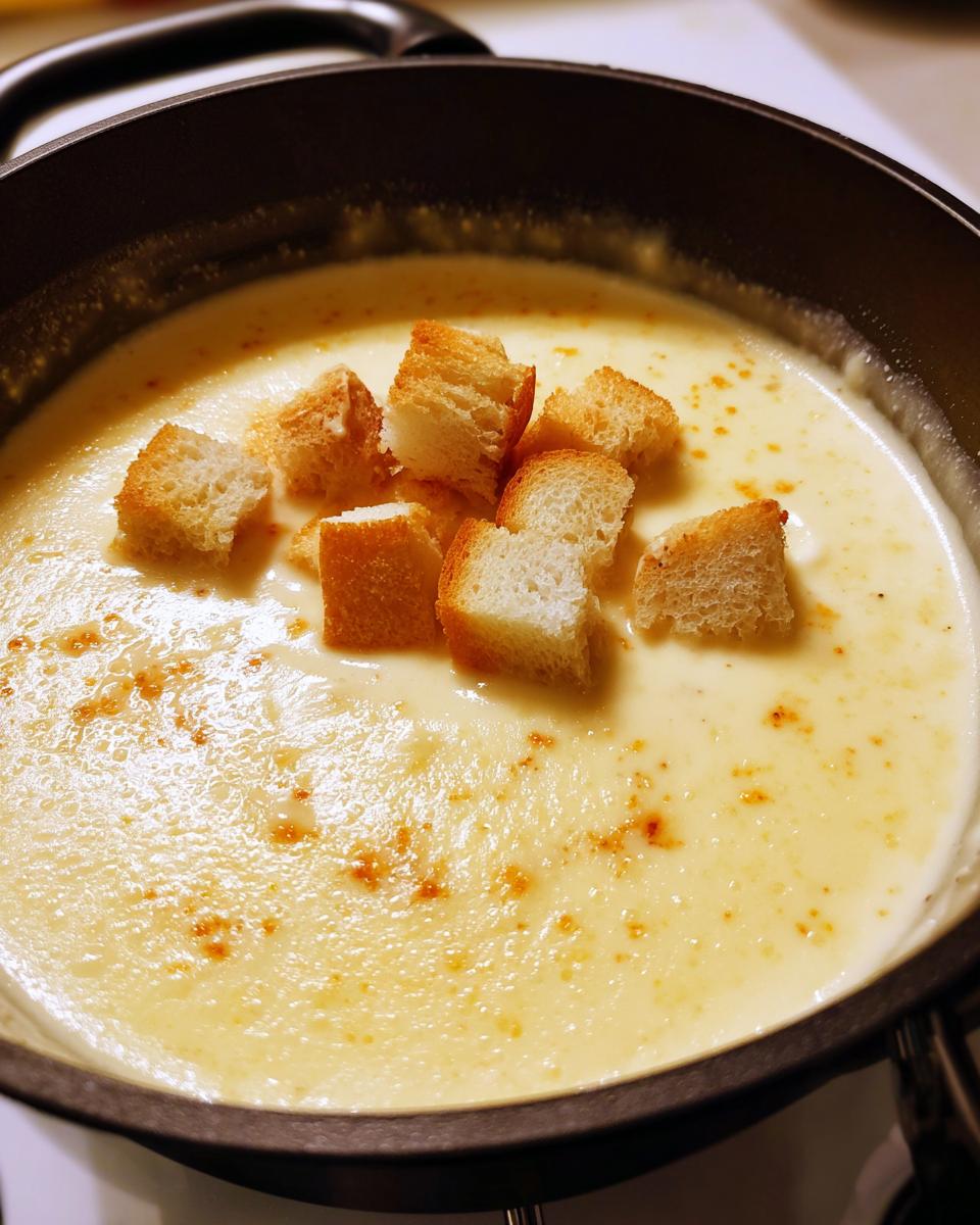 Close-up of creamy, melted cheese fondue in a pot topped with toasted bread cubes for dipping.