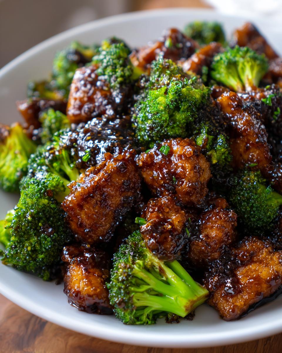 Close-up of crispy chicken pieces coated in a dark, glossy sauce mixed with bright green broccoli florets in a white bowl.