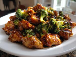 Close-up of glossy, saucy chicken and bright green broccoli florets served on a white plate.