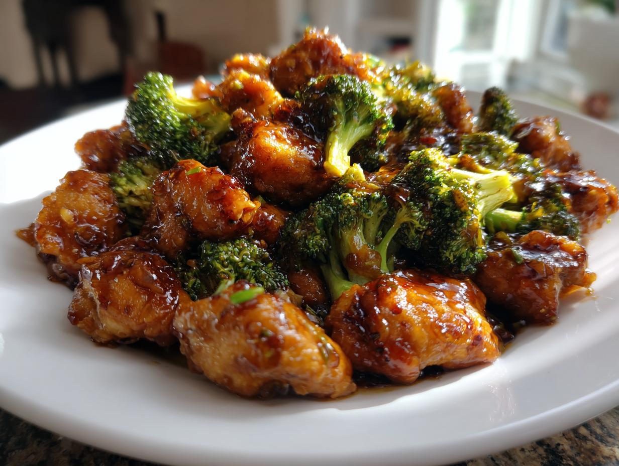 Close-up of glossy, saucy chicken and bright green broccoli florets served on a white plate.