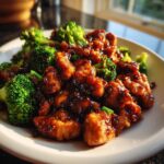 Close-up of savory chicken and broccoli coated in a dark, glossy sauce, ready to eat.
