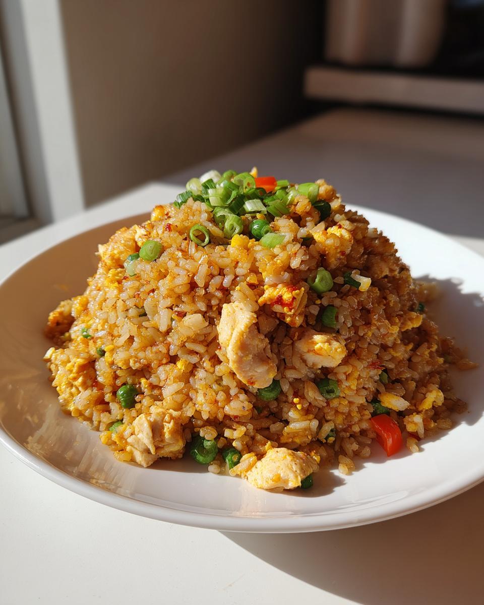 A tall mound of golden brown chicken fried rice topped with fresh green onions on a white plate.