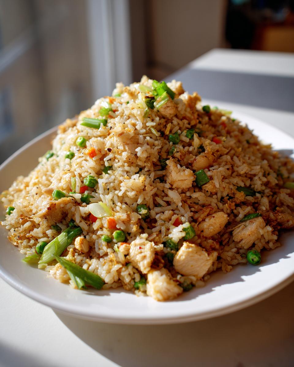 A large serving of homemade chicken fried rice piled high on a white plate, featuring rice, chicken chunks, peas, and scallions.