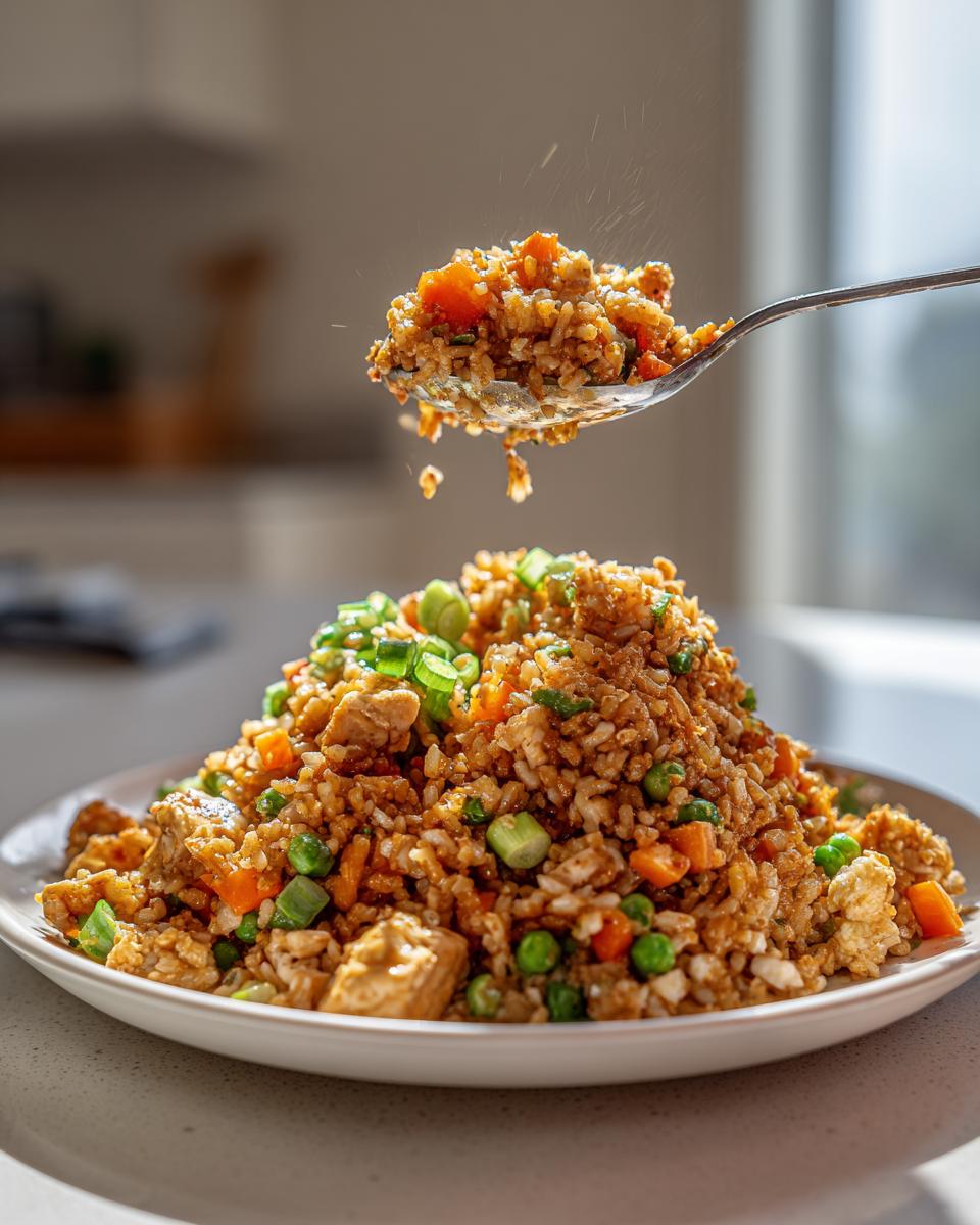 A heaping plate of amazing chicken fried rice being served, with a spoonful lifted above the mound.