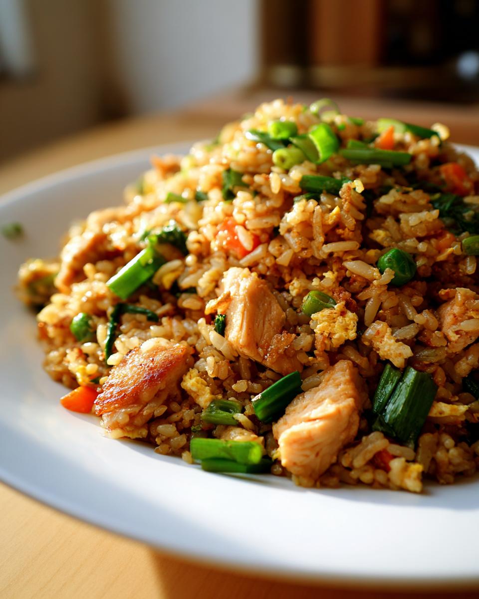 A close-up of a heaping portion of amazing chicken fried rice topped with green onions on a white plate.