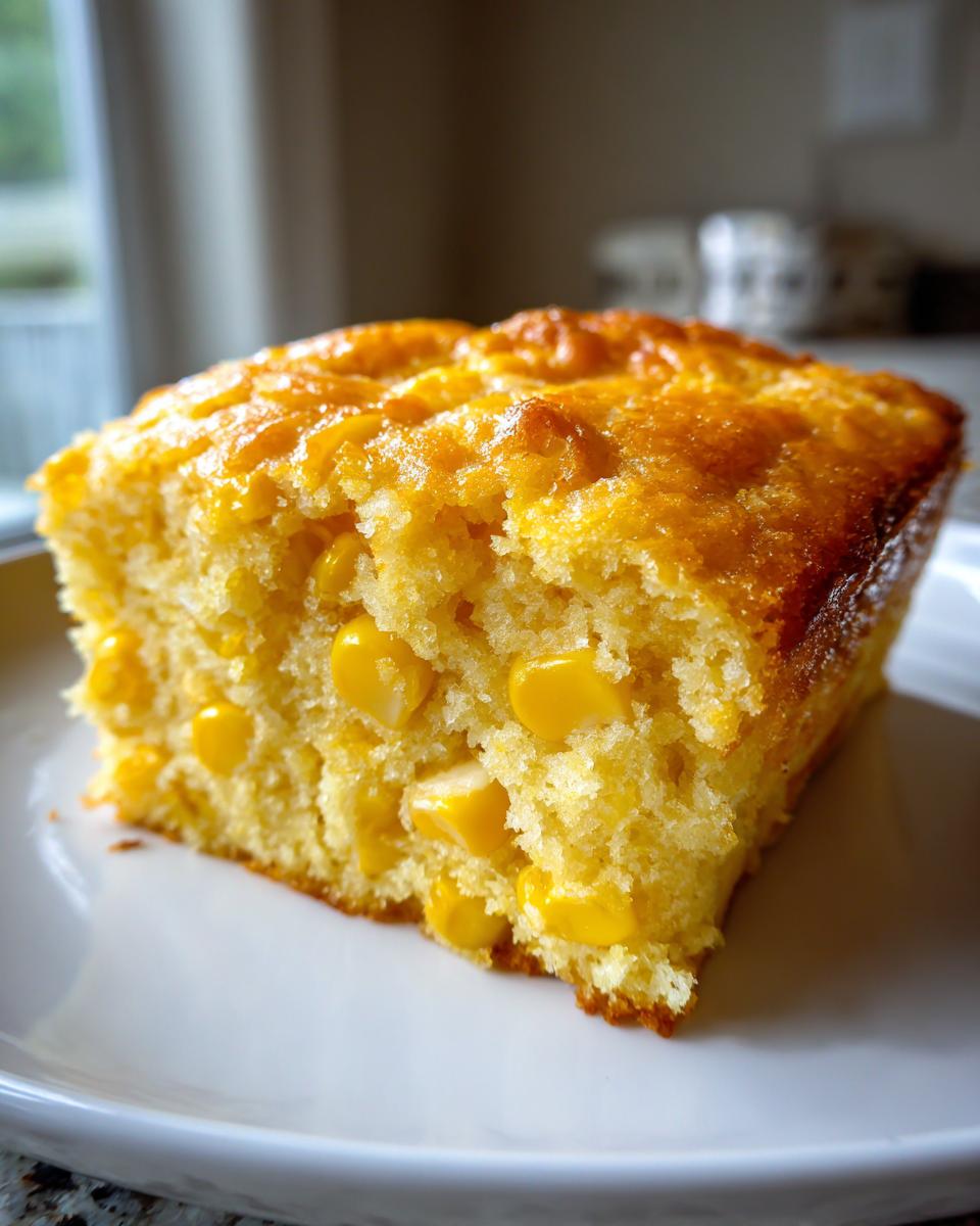 Close-up of a moist slice of cream cheese corn casserole showing bright yellow corn kernels.
