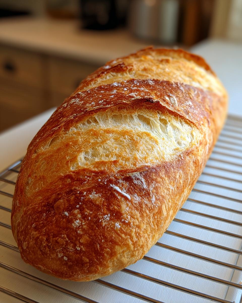 A golden brown, crusty loaf of homemade french bread resting on a wire cooling rack.