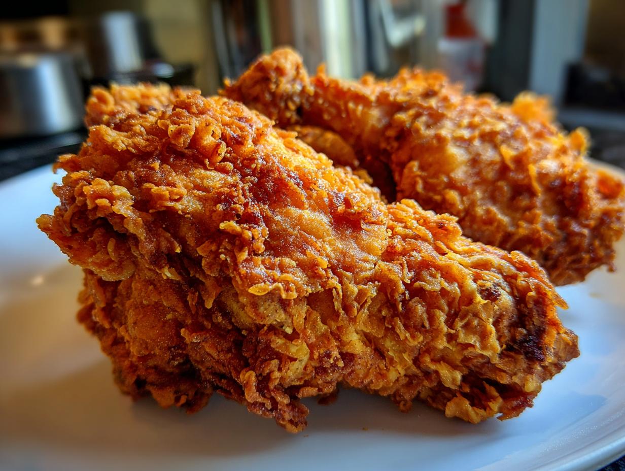 Close-up of two pieces of perfectly cooked, crispy fried chicken with a thick, textured golden-brown coating.