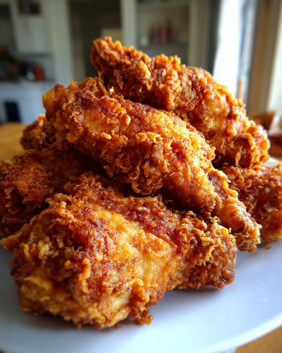 Close-up of a stack of golden brown, extra crispy homemade fried chicken pieces on a white plate.