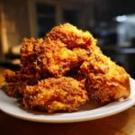 A close-up, appetizing photo of a large pile of golden brown, crispy fried chicken on a white plate.