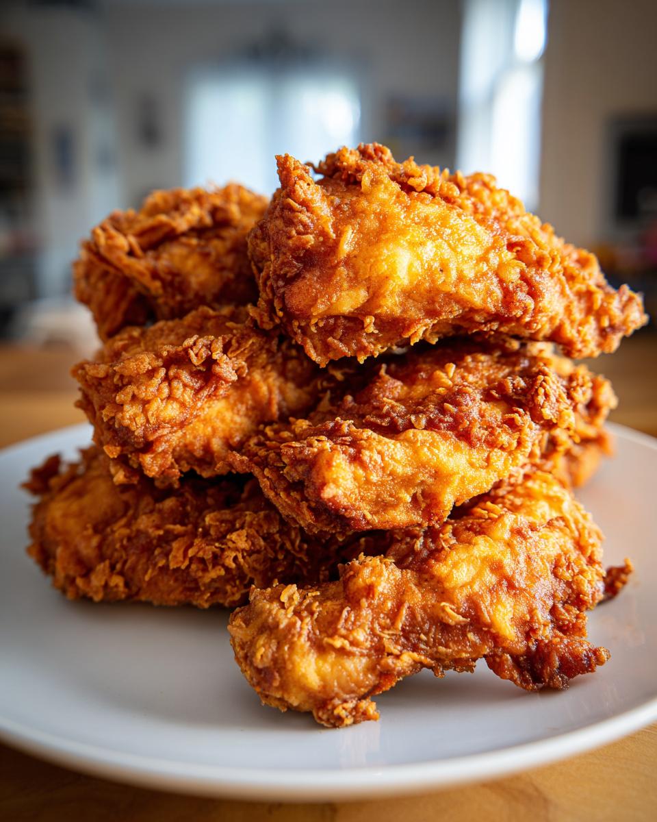 A tall stack of golden-brown, crispy fried chicken pieces piled high on a white plate.