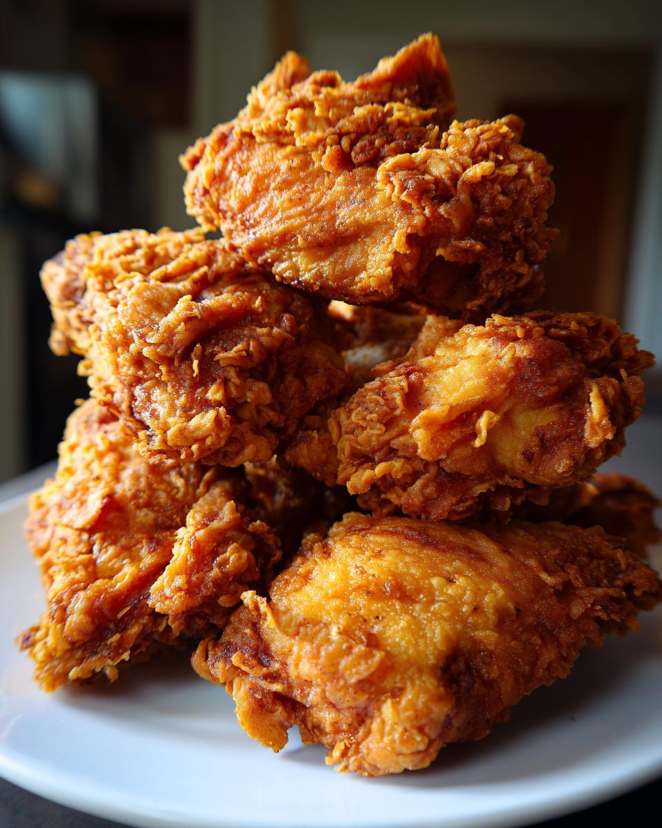 A close-up stack of golden brown, extra crispy homemade fried chicken pieces piled high on a white plate.