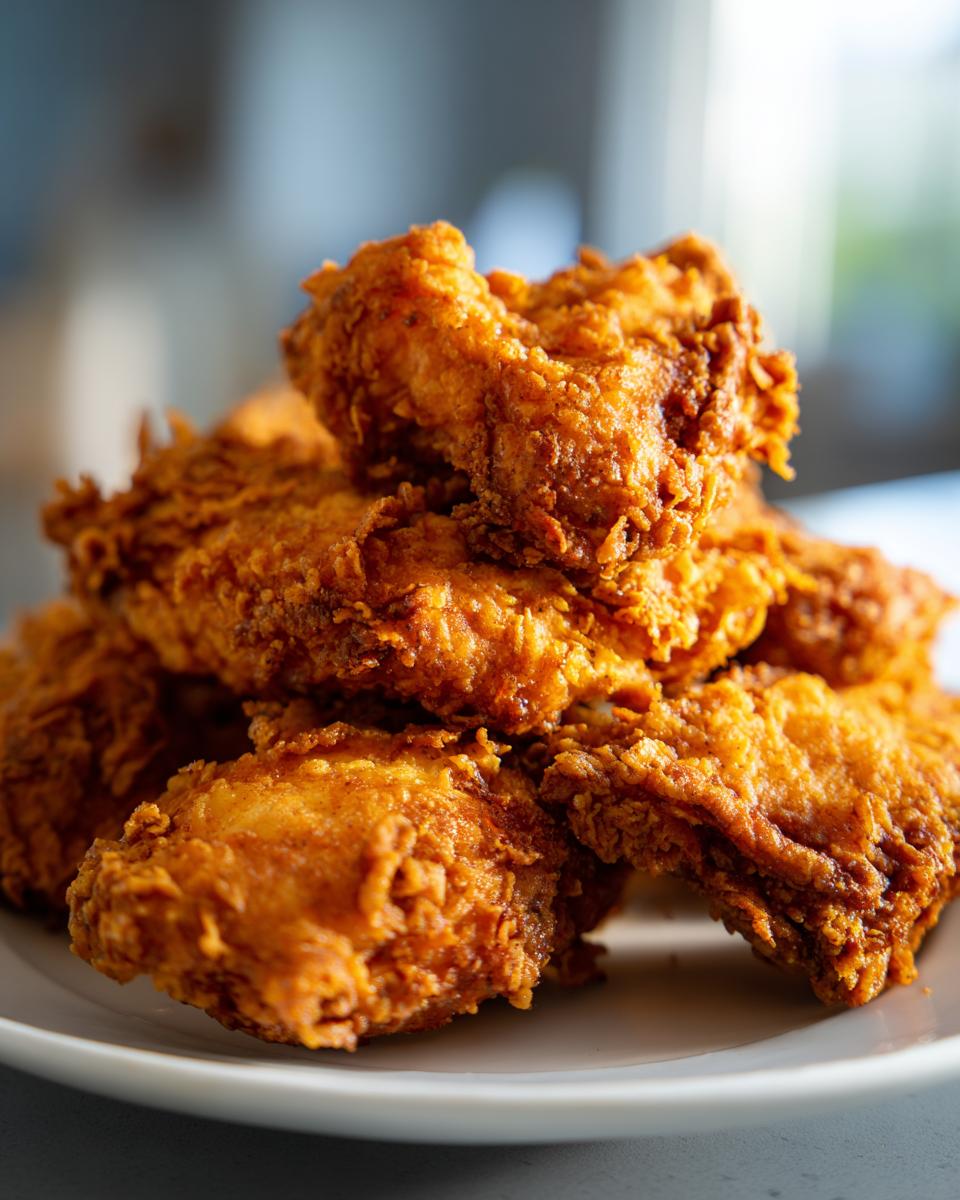 A close-up stack of golden brown, extra crispy fried chicken pieces on a white plate.