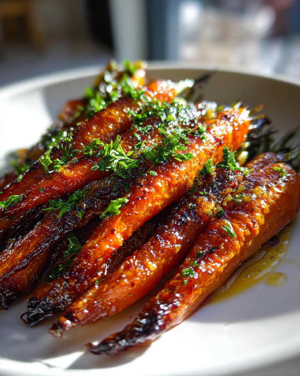 Close-up of vibrant, caramelized honey glazed carrots sprinkled with fresh green parsley.
