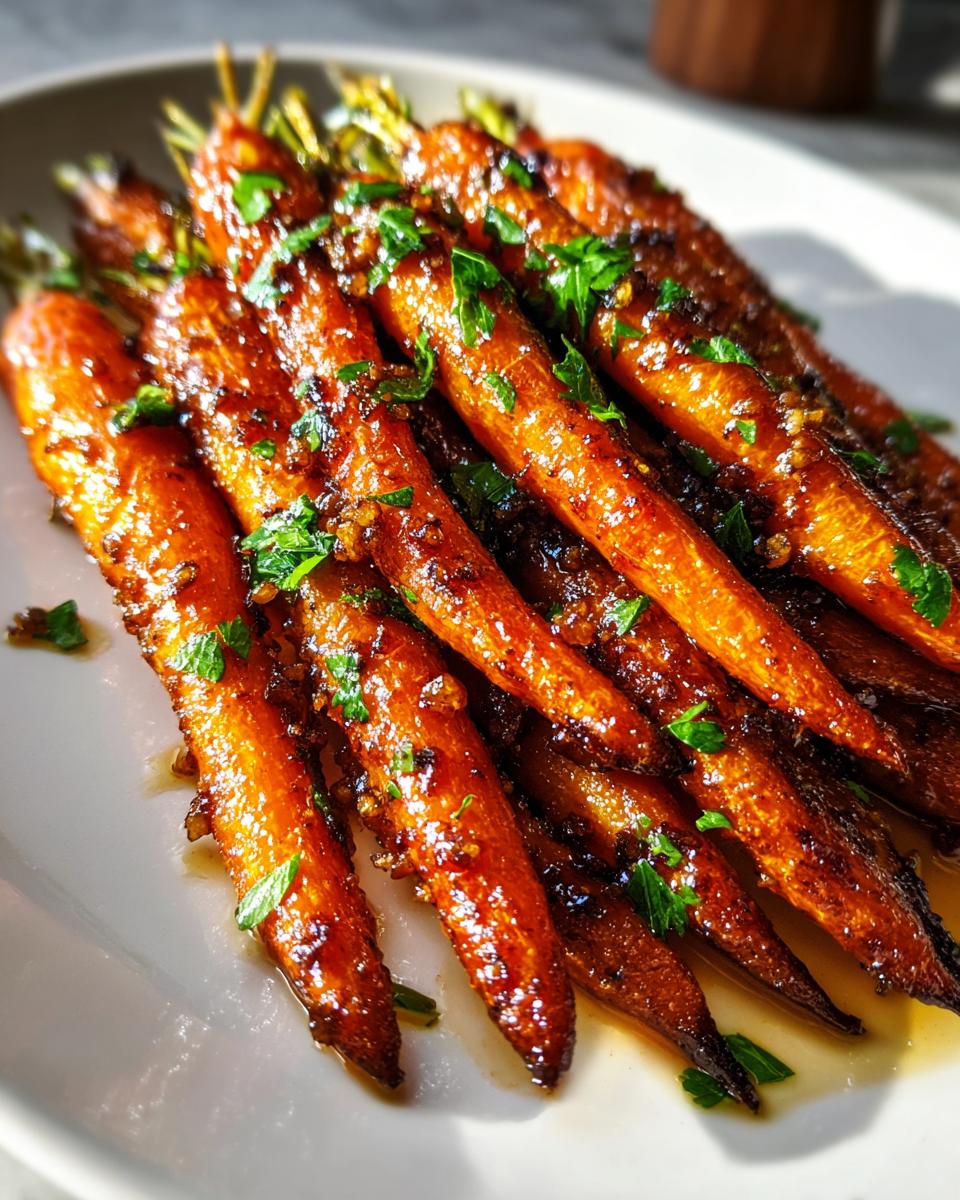 A close-up of glistening, roasted honey glazed carrots topped with fresh chopped parsley on a white plate.