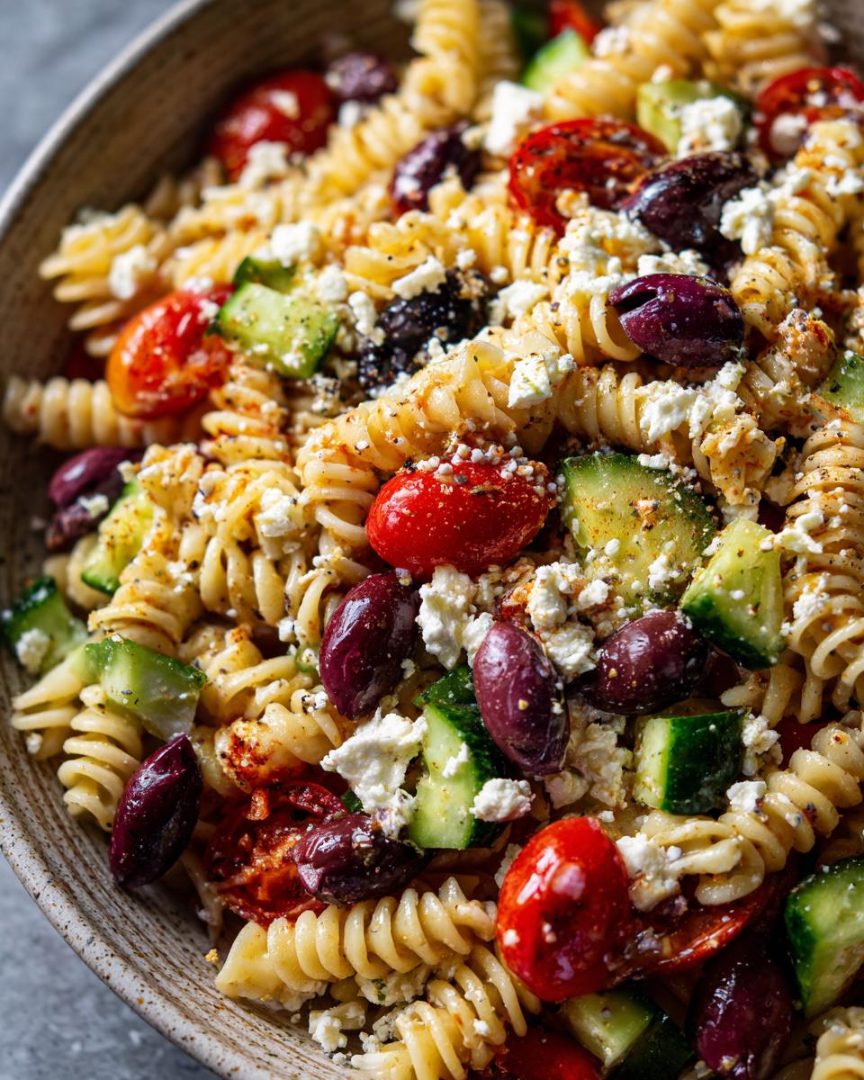 Close-up of a bowl filled with mediterranean pasta salad featuring rotini pasta, cherry tomatoes, cucumbers, olives, and feta cheese.