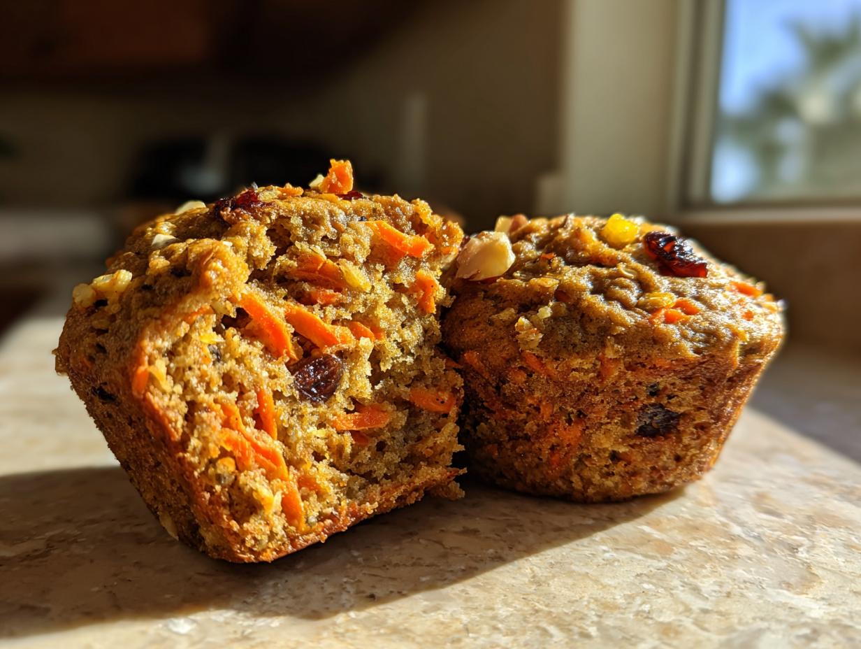 A morning glory muffin cut in half showing shredded carrots, nuts, and raisins inside, with another whole muffin beside it.