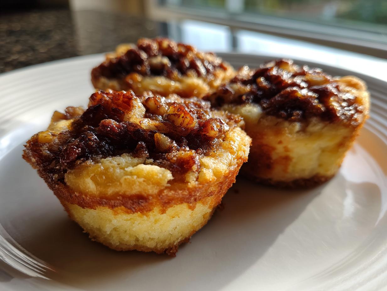 Three freshly baked pecan tassies with gooey brown sugar topping resting on a white plate near a window.