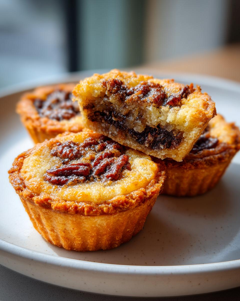 A stack of three golden-brown pecan tassies, one cut in half showing the gooey filling.