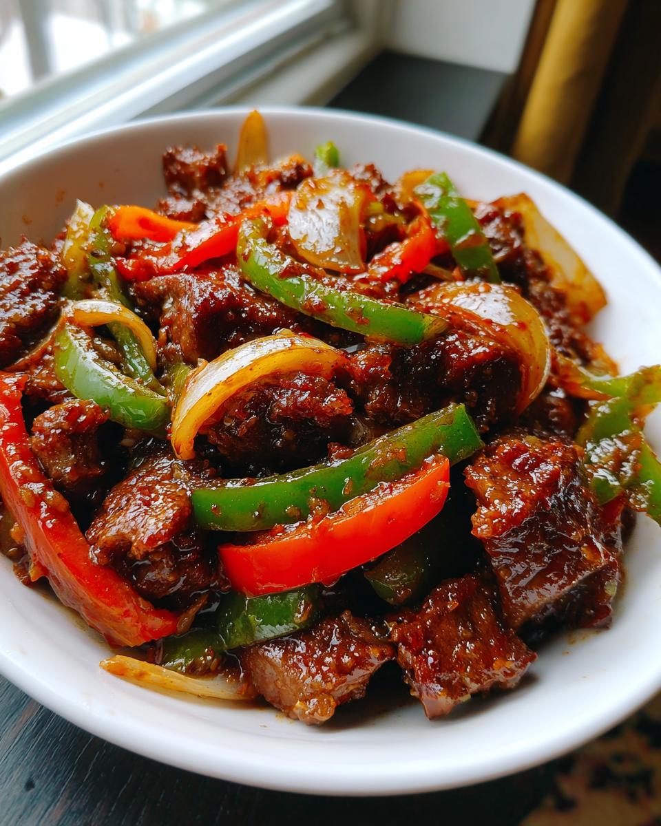 A close-up of savory pepper steak cubes coated in dark sauce with bright red and green bell peppers and onions.