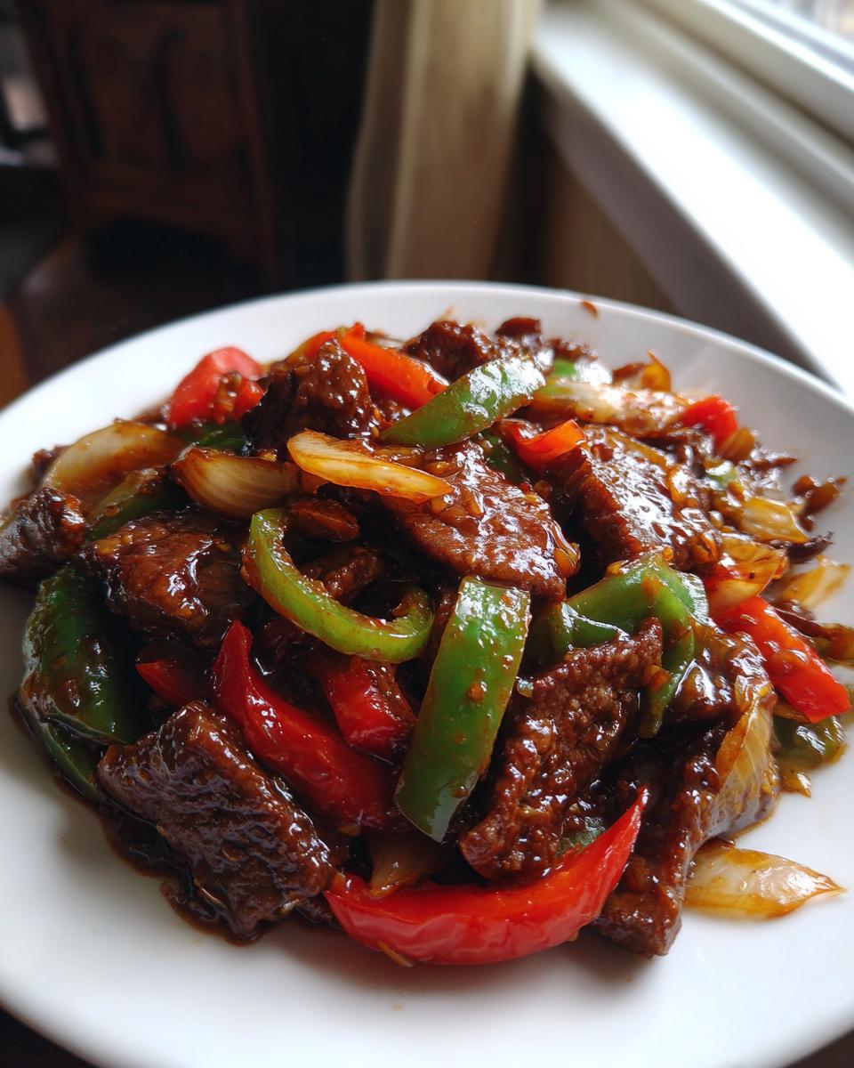 Close-up of glossy, saucy pepper steak mixed with vibrant red and green bell peppers and onions.