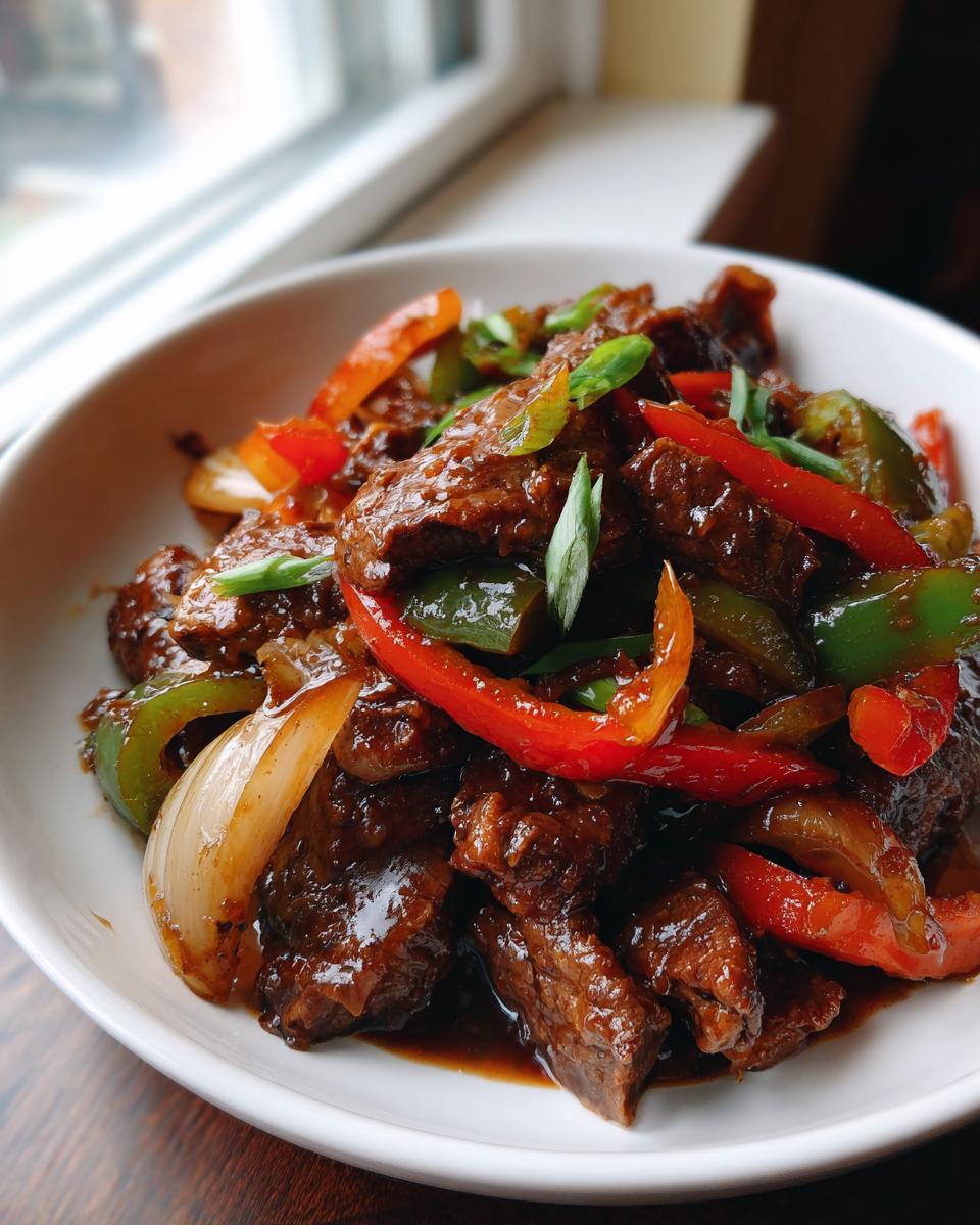 A close-up of glossy, saucy pepper steak mixed with vibrant red and green bell peppers and onions.