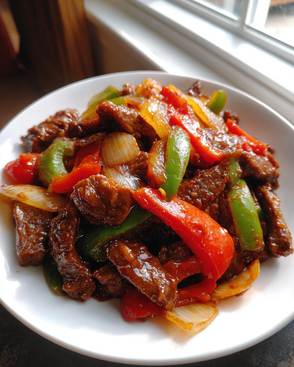 A plate of glossy, saucy pepper steak mixed with bright red and green bell peppers and onions.