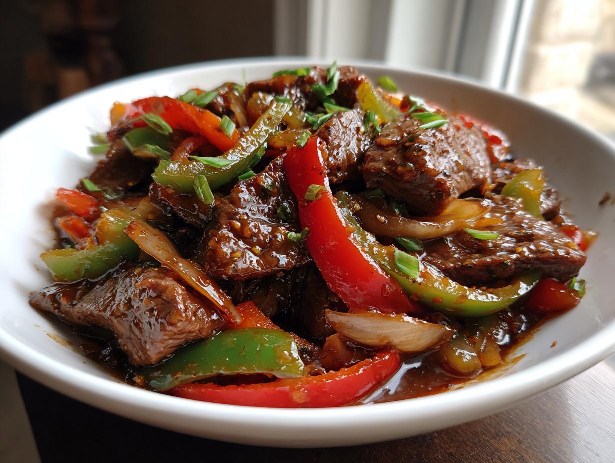 Close-up of vibrant Amazing pepper steak with glossy sauce, red and green peppers, and onions in a white bowl.
