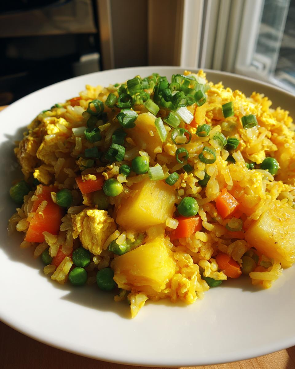 Close-up of vibrant pineapple fried rice featuring chunks of pineapple, peas, carrots, and scrambled egg, topped with fresh green onions.