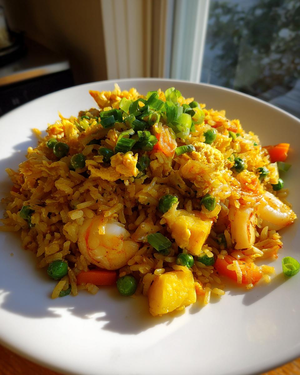 A bright, golden serving of pineapple fried rice featuring shrimp, peas, carrots, and topped with green onions.