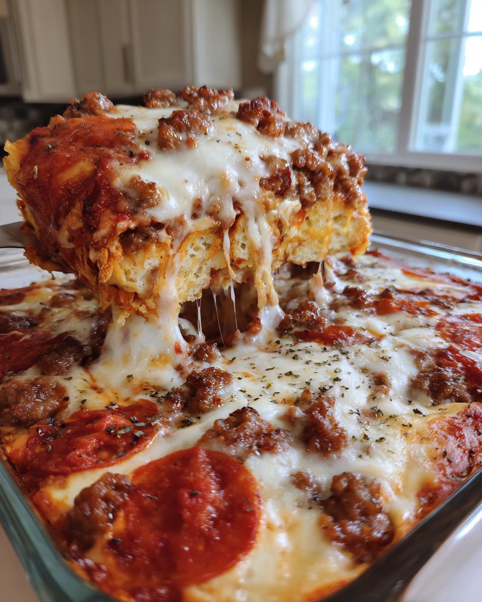 A slice of pizza casserole being lifted, showing dramatic cheese pull, pepperoni, sausage, and herbs.