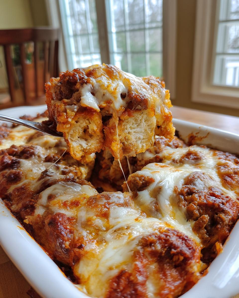 A fork lifts a cheesy, saucy piece from a baking dish of amazing pizza casserole.