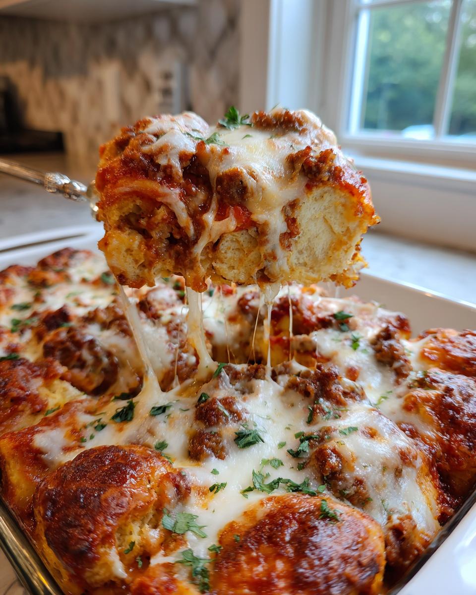 A serving of pizza casserole being lifted, showing extreme cheese pull and meat sauce topping.