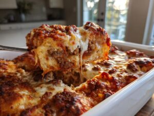 A serving spoon lifts a cheesy, meaty slice from a bubbling pizza casserole in a white baking dish.