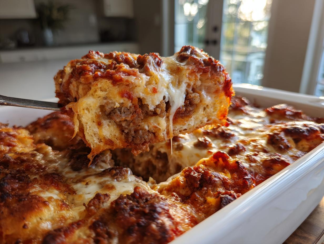 A serving spoon lifts a cheesy, meaty slice from a bubbling pizza casserole in a white baking dish.
