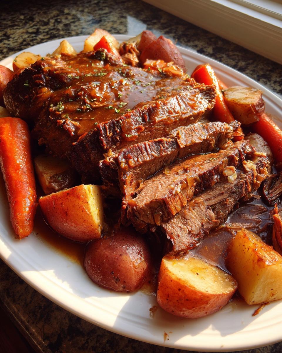 Slices of tender, slow-cooked pot roast covered in rich gravy, served with carrots and red potatoes.