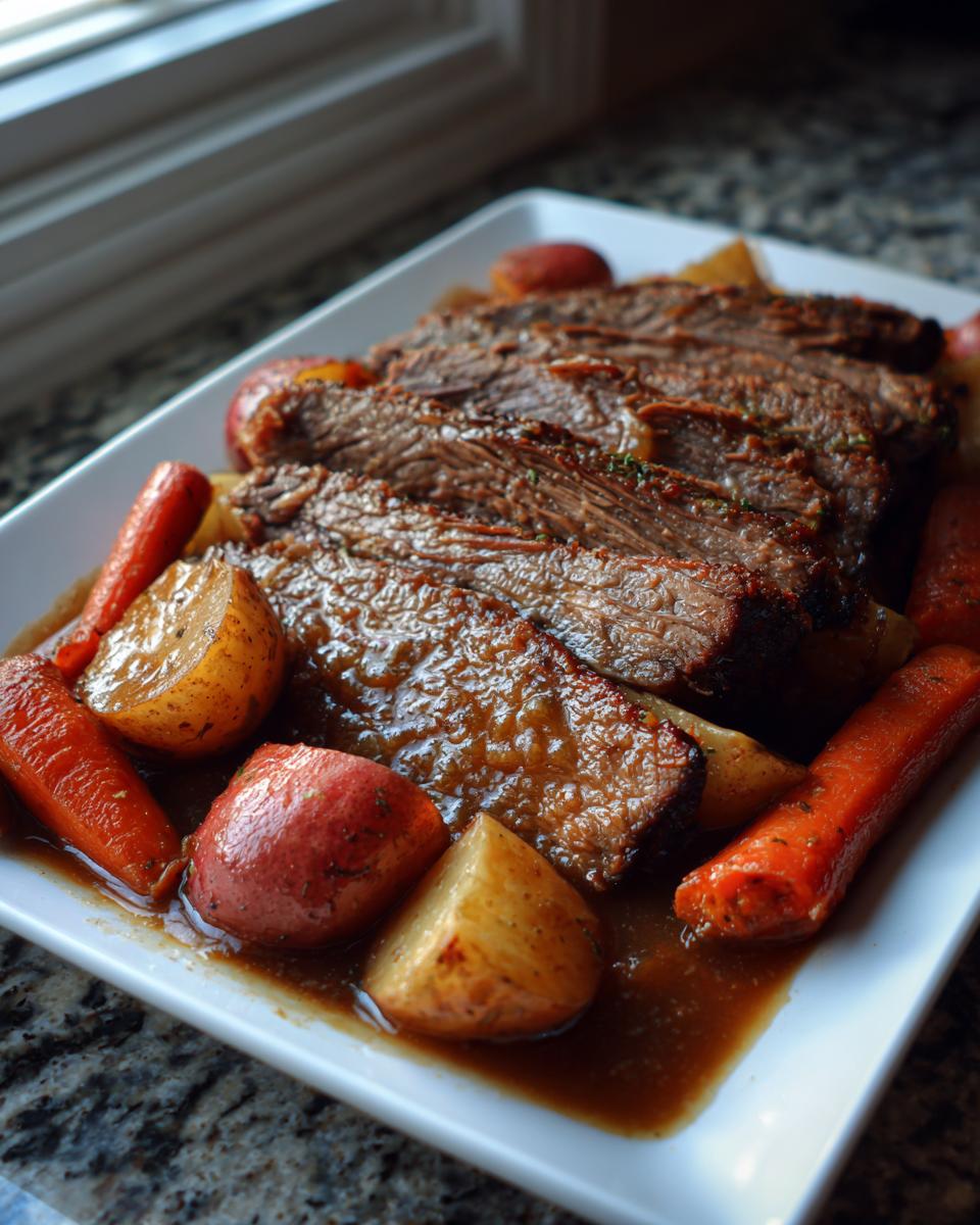 Slices of tender pot roast served on a white platter with roasted carrots and potatoes in rich gravy.
