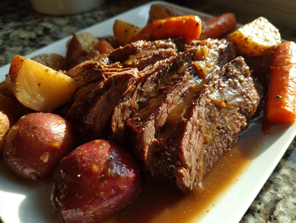 Close-up of tender, sliced pot roast covered in rich gravy, served with roasted potatoes and carrots.