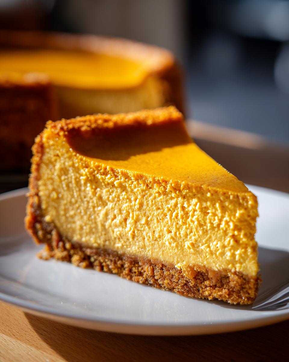 A close-up, sunlit slice of amazing pumpkin cheesecake with a thick graham cracker crust on a white plate.