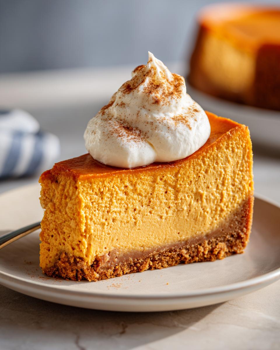 A thick slice of creamy, orange pumpkin cheesecake topped with whipped cream and cinnamon.