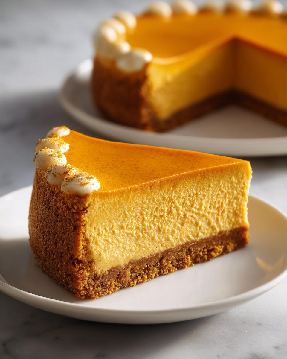A close-up slice of rich, orange pumpkin cheesecake with a graham cracker crust and whipped cream dollops.