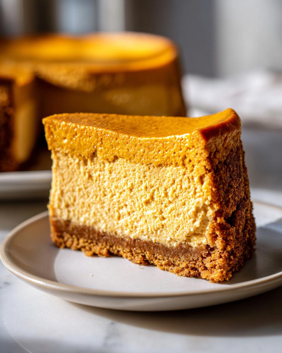 A thick, rich slice of amazing pumpkin cheesecake with a graham cracker crust on a small plate.